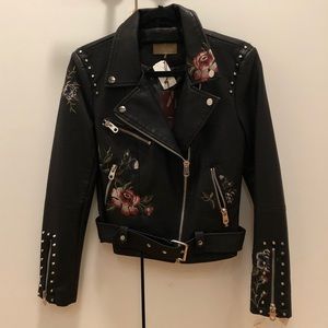 Driftwood Faux-Leather Floral-Embroidered Jacket